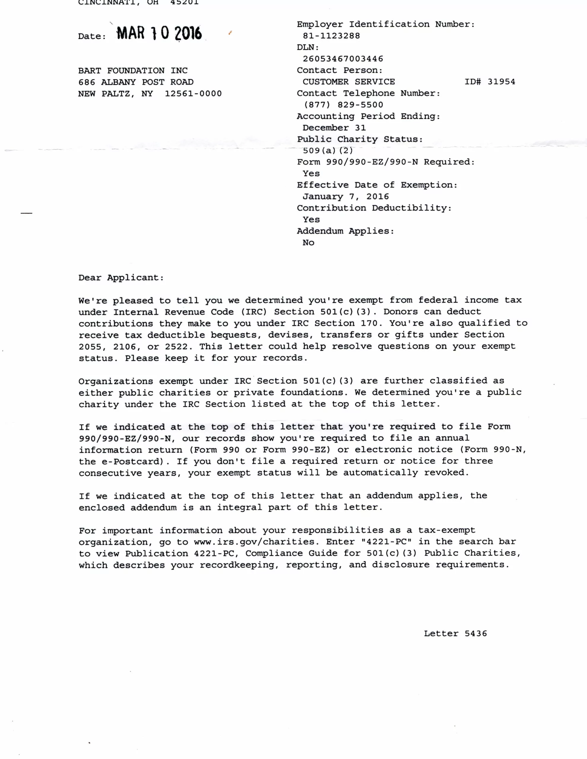 IRS Tax Exemption | The BART Foundation